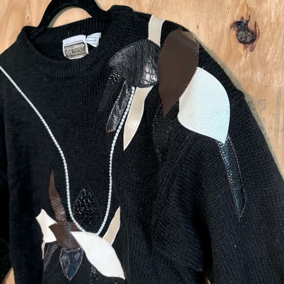 Vintage 80s Anytime Glitz Leather Floral Embellished Black Sweater Medium - Picture 4 of 5